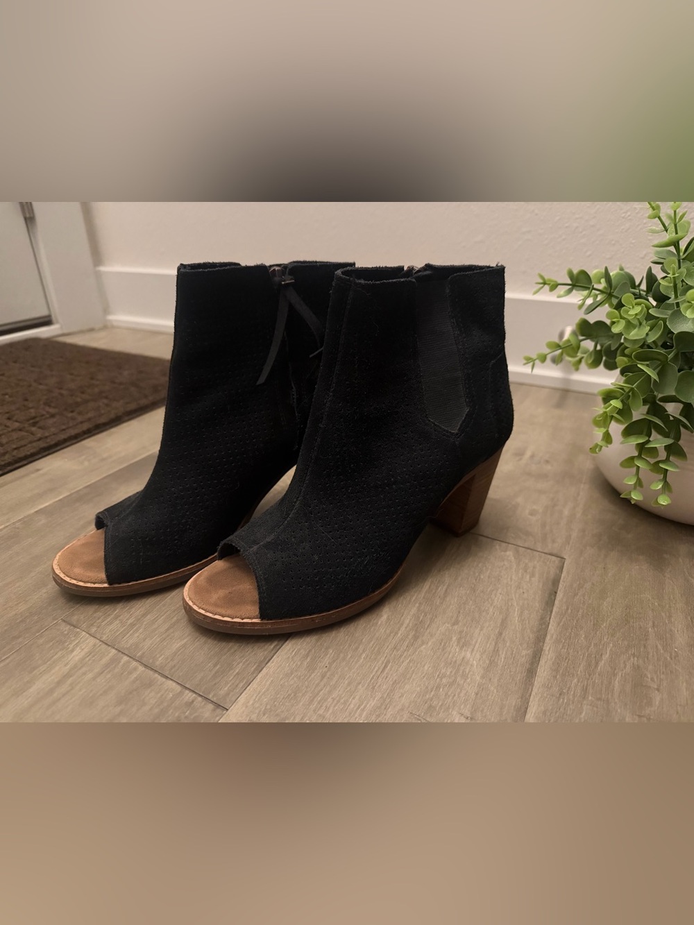 Toms Black Suede Peep-Toe Block Heel Ankle Boots